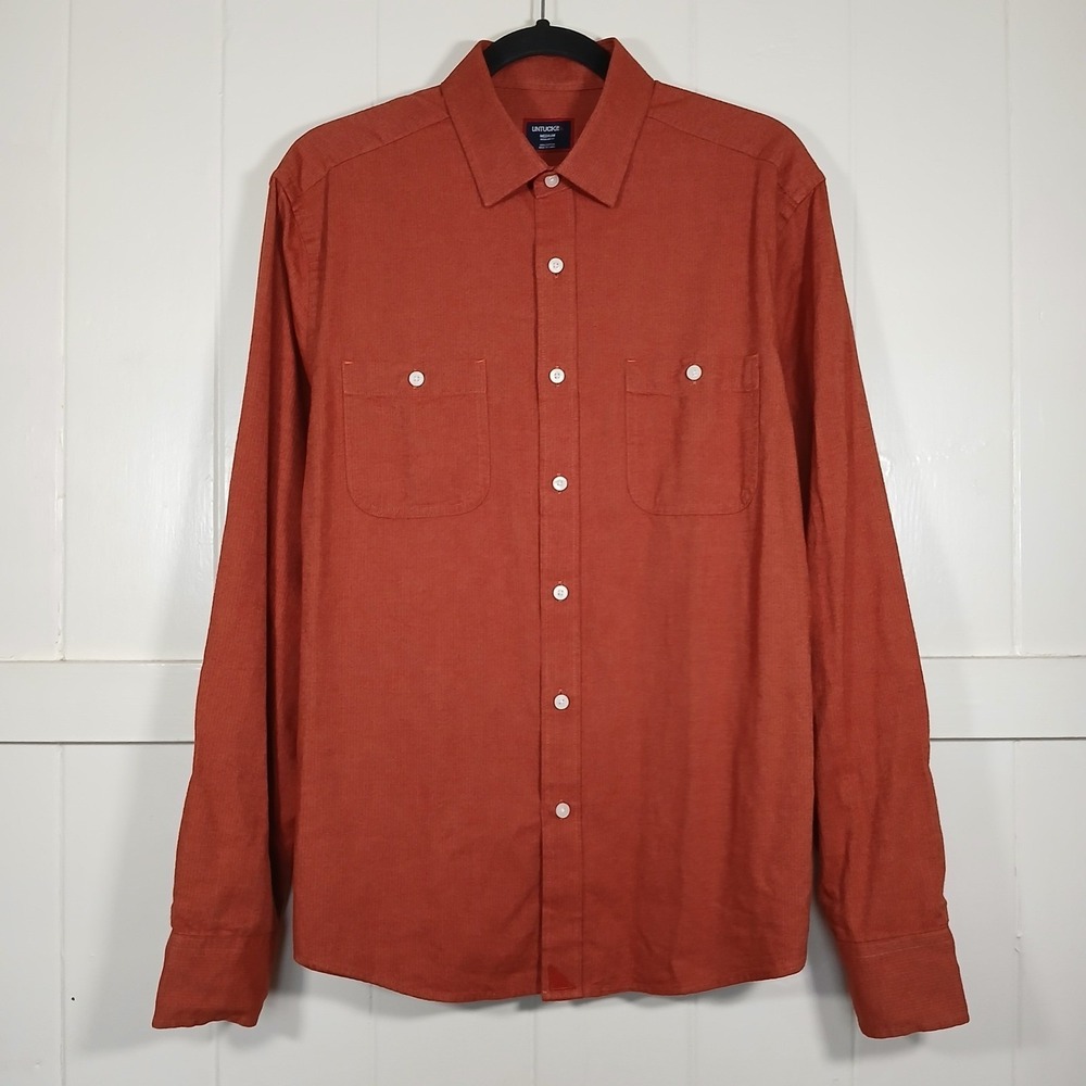 UNTUCKit Hemsworth Shirt Mens Medium Orange Herringbone Cotton Button Down 41234